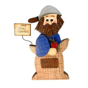 Vintage 1995 Johnny Appleseed Hand Painted Wood Folk Art Wall Decor Signed 7"